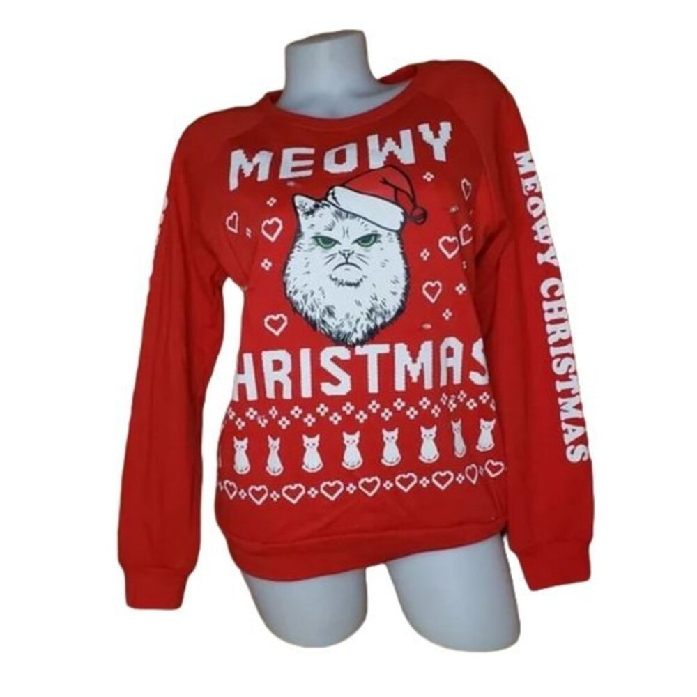 Meowy Christmas Grumpy Kitten Red Light Up Sweatshirt Size Small